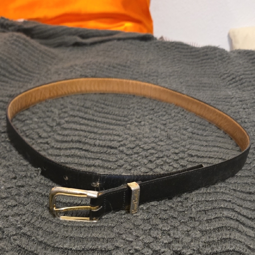 Pierre Cardin Black Leather Belt with Gold Buckle - Made In France